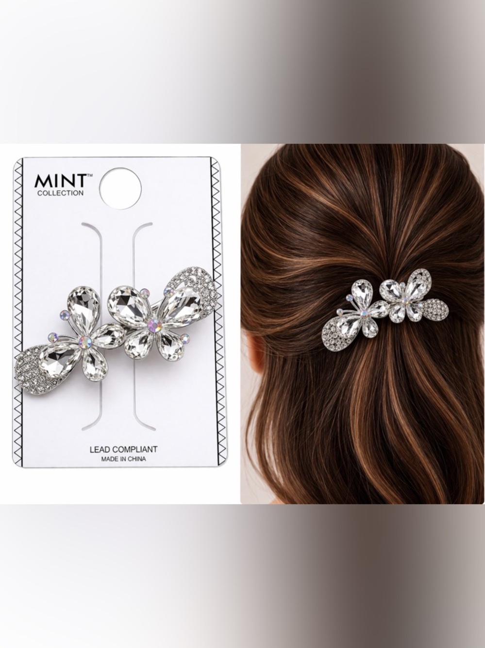 Silver Flower Hair Clip Clamp Metal Alligator Claw Bling Crystal Rhinestone 2.5"